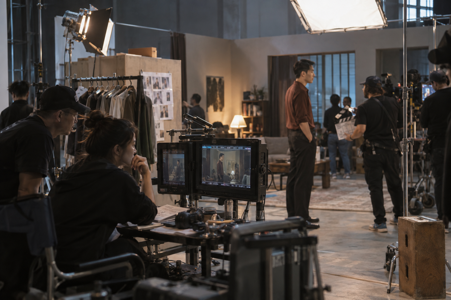 虚构影视剧组的导演、演员与工作人员在摄影棚协作